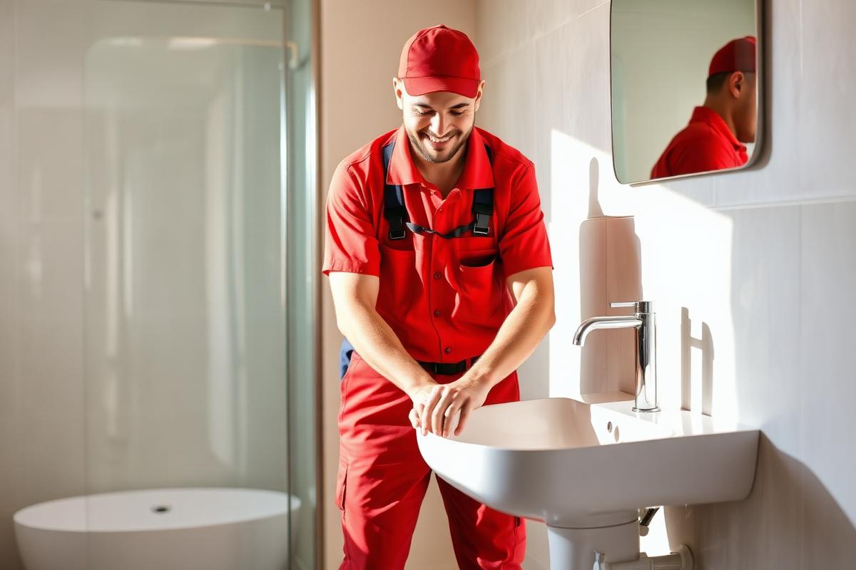 Professioneller Rohrreiniger bei der Arbeit in einem hellen Badezimmer